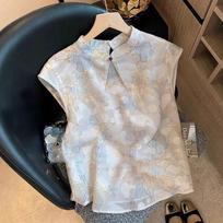 Retro New Stunning Top Summer Chinese Style High-end Frog Button Jacquard Sleeveless Satin Shirt L žalia