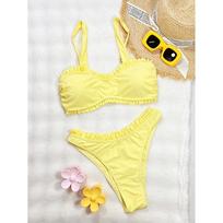 Push-up Bikini Seksualus Moteriškas Maudymosi Kostiumas Maudymosi Kostiumai Moteriškas Vienspalvis Klostuotas Bikini Komplektas Biquini Maudymosi Kostiumas Maudymosi Kostiumas Paplūdimio Apranga S geltona