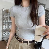 Women's Casual Crew Neck T-Shirt: Summer Slim Fit, Short Sleeve, Solid Color, High Waist L tamsiai mėlyna spalva