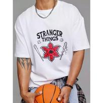 Stranger Things T Shirt White Stranger Things Logo With Red Flower And Baseball Bats Graphic Print Unisex Casual Wear For Fans Of The Series S balta