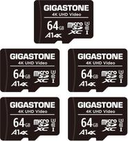 "Gigastone" 64GB "MicroSDXC" atminties kortelė, 5 vnt. + SD adapteris veiksmo kamerai, "GoPro", dronui ir planšetiniam kompiuteriui, skaitymo greitis iki 95MB/s, 4K UHD vaizdo įrašas, "Micro SD" kortelė UHS-I A1 10 klasės U3