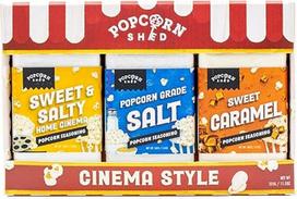 "Popcorn Shed Cinema Style" popkornų prieskoniai (3 skoniai) - saldžių ir pikantiškų popkornų prieskonių rinkinys, lengvas ir mažai kalorijų turintis užkandis, puikiai tinkantis vakarėliams, kino vakarams ir dovanoms