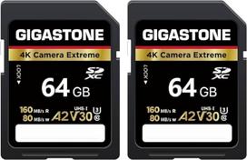GIGASTONE 2x A2 V30 64GB SDXC atminties kortelė 4K Extreme Camera 160MB/s Canon Nikon Sony Panasonic U3 UHS-I C10 4K UHD Video + 2 mini dėklai