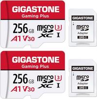 GIGASTONE Gaming Plus Micro SD kortelė, 256GB, 2 vnt. ir SD adapteris, suderinama su Switch 1, iki 100/60MB/s MicroSDXC atminties kortelė UHS-I A1 U3 V30 10 klasės, 4K UHD vaizdo įrašymas