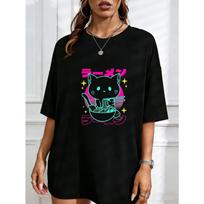 Mielas Katės Ramen Marškinėliai Balti Kawaii Katė Valgo Makaronus Su Japonišku Tekstu Ir Žvaigždžių Dizainu Atsitiktiniam Dėvėjimui Ir Kasdieniams Drabužiams S juoda