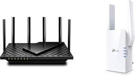 TP-Link Archer AX73 Wi-Fi 6 Gigabitinis WLAN maršrutizatorius (4804Mbps 5 GHz, 574Mbps 2,4 GHz) Juodas ir RE605X Dviejų dažnių Gigabitinis WLAN retransliatorius (1200Mbps 5 GHz ir 574Mbps 2,4 GHz) Baltas WiFi 6