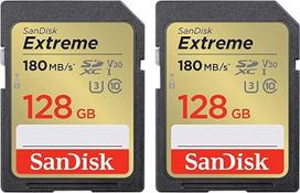 "SanDisk Extreme SDXC UHS-I" 128GB atminties kortelė (V30, 180MB/s duomenų perdavimas, U3, 4K UHD vaizdo įrašai, "SanDisk QuickFlow" technologija, atspari vandeniui, smūgiams, temperatūrai) (2 vnt.)
