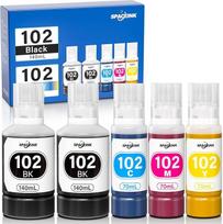 "Spaceink" rašalas 102, suderinamas su "Epson EcoTank" ET-2851 ET-3850 ET-4850 ET-15000 ET-2750 ET-2750 ET-2856 ET-2756 102 daugiapakopė rašalo pakuotė (5 buteliukai, juodas 140 ml x 2, žydras, purpurinis, geltonas 70 ml)