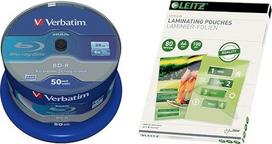 "Verbatim BD-R SL Blu Ray" ruošiniai ir "Leitz" karšto laminavimo maišeliai A4, 80 mikr.