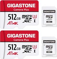 "Gigastone Camera Plus" 512GB "MicroSDXC" atminties kortelė, 2 pakuotės + SD adapteris veiksmo kameroms ir dronams, skaitymo greitis iki 100MB/s, 4K vaizdo įrašymas, A1 U3 10 klasės Micro SD kortelė UHS-I