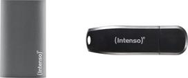 Intenso 3823440 "Premium Portable" 256GB išorinis SSD kietasis diskas (USB 3.0 aliuminis) "Anthracite & Speed Line" - 128GB atminties kortelė - USB atmintinė 3.2 Gen 1x1, juoda