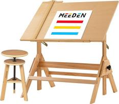 MEEDEN medinis piešimo stalas, 96 x 60 cm, meninis stalas, rašomasis stalas, reguliuojamo aukščio piešimo stalas, medinė menininko taburetė, amatų stalas tapybai, rašymui, skaitymui, grafiniam dizainui