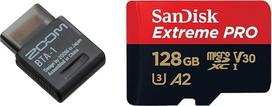 ZOOM BTA-1/GE "Bluetooth" adapteris ir "SanDisk Extreme PRO microSDXC UHS-I" atminties kortelė 128GB + adapteris ir "RescuePRO Deluxe" (skirta išmaniesiems telefonams, veiksmo kameroms arba dronams, A2, 10 klasė, V30, U3)