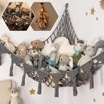"JanYoo" žaislų laikymo sistema "Cuddly Toy", didelio formato laikymo tinklas Vaikų kambario pakabinamas žaislų organizatorius "Boho Macrame" pliušinių žaislų hamakas su LED pasakų žibintais, skirtas pliušiniams žaislams, pilkas