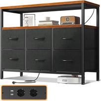 ODK komoda su 2 kištukiniais lizdais ir 2 USB, 6 dideli medžiaginiai stalčiai, daugiafunkcinė stalčių spintelė, tinka miegamajam ir svetainei, 100 x 30 x 85,2 cm, vintažinė