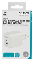 USB GaN sieninis įkroviklis DELTACO, 100 W, 1x USB-A, 2x USB-C, PPS, bendra išvestis 100 W, baltas / USBC-GAN06 / 1903219|USBC-GAN06