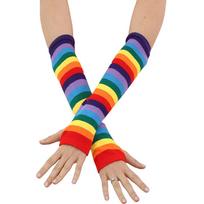 Women Rainbow Stripe Knee Thigh High Socks Arm Warmer Fingerless Gloves