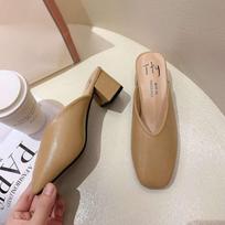 Square head high heel sandals grandma shoes thick heel bag head half slippers women's medium heel retro lazy outside wearing muller shoes 35 chaki