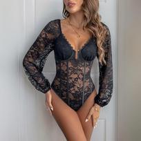 Moterų nėriniuoti bodžiai V formos iškirpte ilgomis rankovėmis Korseto bodis Seksualus permatomas tinklinis gėlių rašto kombinezonas Viršus Vienspalviai bodžiai S juoda