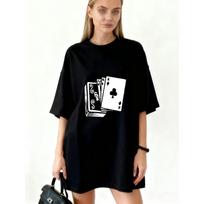 Oversized T Shirt Dress Black Playing Cards Print Casual Streetwear Outfit S juoda