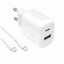 Wall Charger 1xUSB-A, 1xUSB-C, 25W with Cable USB-C to USB-C, 1,2m, by Puro White