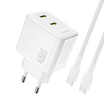 Dudao A28PCEU PD 45W GaN 2xUSB-C laidinis įkroviklis su USB-C kabeliu – baltos spalvos