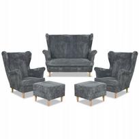 Bonito sofų komplektas su foteliais ir pufais Family Furniture pilkos spalvos medžio tekstūra