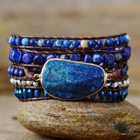 Natūralaus lapis lazuli rankų darbo apyrankė su pintomis odinėmis virvelėmis, moteriškas papuošalas ir aksesuaras. Lapis lazuli bracelet