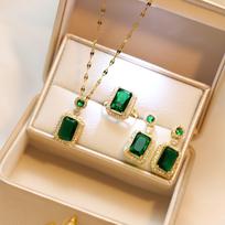 Fine crystal glass square necklace earrings ring emerald three-piece set new bride jewelry žalia