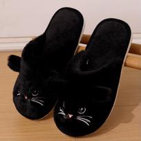Mielos katės šlepetės moteriškos pliušinės šlepetės animacinio kačiuko raštas, šilti vidaus namų batai rudeniui ir žiemai, unisex minkštos šlepetės, porų šlepetės 36-37 juoda