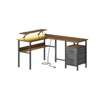Rašomasis stalas L formos, su LED apšvietimu ir lizdais, 150 x 120 x 76 cm, vintažinė ruda
