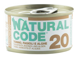 NATURAL CODE 20 tuno, pupelių, jūros dumblių konservai katėms, 85 g