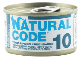 NATURAL CODE 10 tuno ir baltųjų žuvų konservai katėms, 85 g