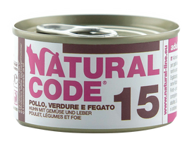 NATURAL CODE 15 vištienos, daržovių ir kepenėlių konservai katėms, 85 g