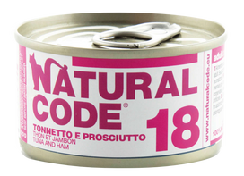 NATURAL CODE 18, tuno ir kumpio  konservai katėms, 85 g