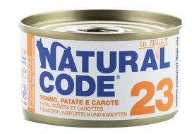 NATURAL CODE 23 tuno, bulvių ir morkų konservai katėms, 85 g