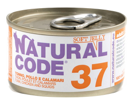 NATURAL CODE 37 tuno, vištienos ir kalmarų konservai katėms, 85 g