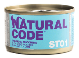 NATURAL CODE Steril 01 tuno ir cukinijų  konservai katėms, 85 g