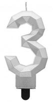 „Number Diamond Metallic Sidabrinis“ žvakė „Number 3“, torto formos žvakė