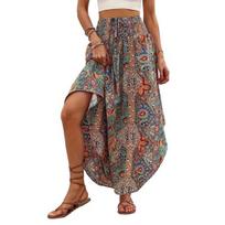 Boho stiliaus maksi sijonas su reguliuojamu raišteliu, aukštu liemeniu, margintas, laisvai krentantis, su dideliu kraštu, A formos sijonas, kasdieniam dėvėjimui XL