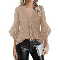 Women's Fashion Tulle V-Neck Petal-Sleeve Three-Quarter-Length Loose-Fit Top L juoda