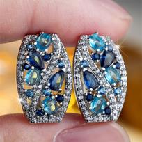 Water Drop Crystal Aqua Blue Stone Hoop Earrings For Women Vintage Silver Color Geometric Ear Buckle Wedding Jewelry Bridal Gift sidabras