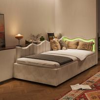 Lova 90×200 cm viengulė,lova su 7 spalvų LED šviesomis, smėlio,spalvos aksomas