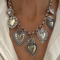 Vintage-Inspired Silvery Color Chain Necklace With Multiple Holy Heart Pendants Women's  Accessory For Parties Jewelry