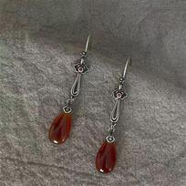 Vintage Waterdrop Inlaid Orange Red Stone Flower Earrings Geometric Creativity Silver Color Dangle Earrings for Women Jewelry
