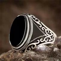 Vintage Men's Handmade Turkish Black Zircon Stone Ring Ancient Silver Color Pattern Ring Trendy Islamic Religious Muslim Jewelry 6