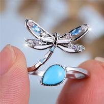 Charm Female White Green Stone Water Drop Dragonfly Adjustable Open Ring Silver Color Cute Gift Wedding Jewelry For Women resizable