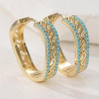 Luxurious Hollowed Hand Carved Golden Plated Inlaid Synthetic Turquoise Hoop Earrings for Women's Bohemian Style Holiday Jewelry Blue-green