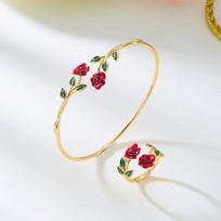 Retro Red Rose Flower Charm Bracelet Ring Set For Women Open Cuff Bangle Finger Ring Party Wedding Adjustable Jewelry Gift