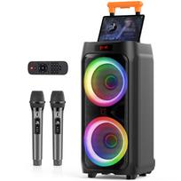 Karaokės aparatas, Dvigubas 8 colių žemų dažnių garsiakalbis, Didelis Bluetooth garsiakalbis su 500W maksimalia galia, Garsinimo sistema su DJ apšvietimu, Ratukai ir vežimėlis